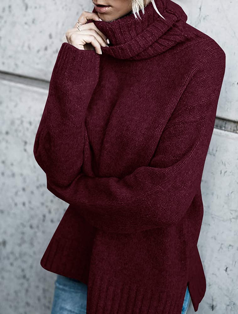 FISACE Womens Oversized Turtleneck Pullover Sweater Cable Knit Long Sleeve Sweater Tops A-Wine Red - Image 3